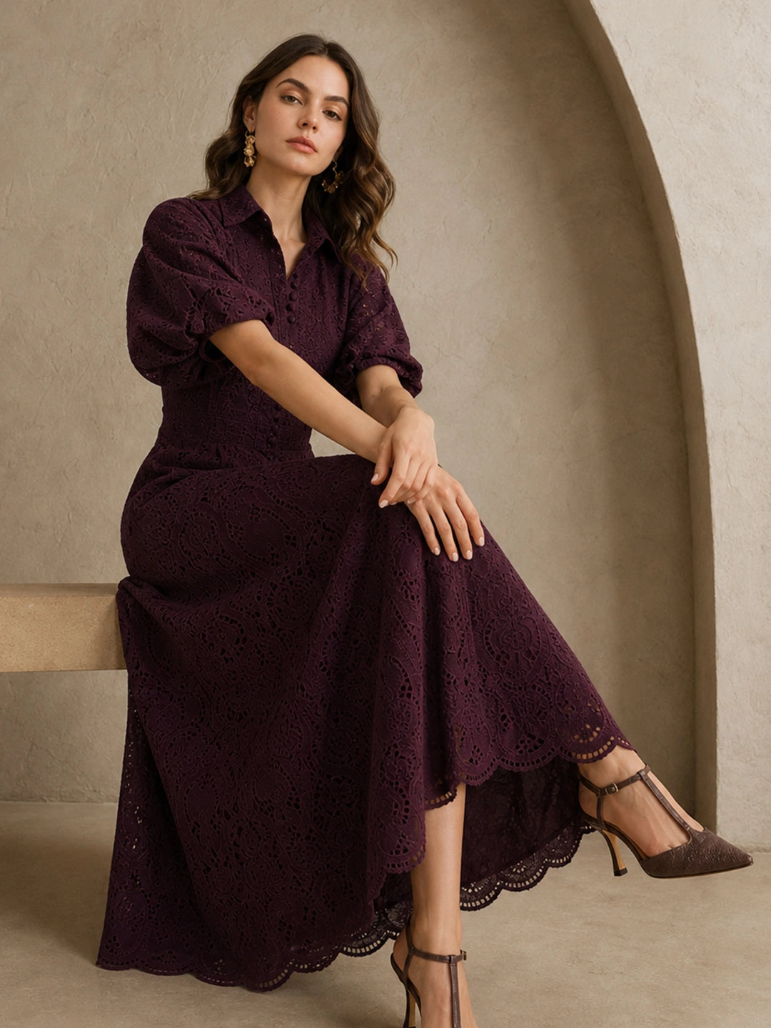 Embroidered puff sleeve long dress Main image