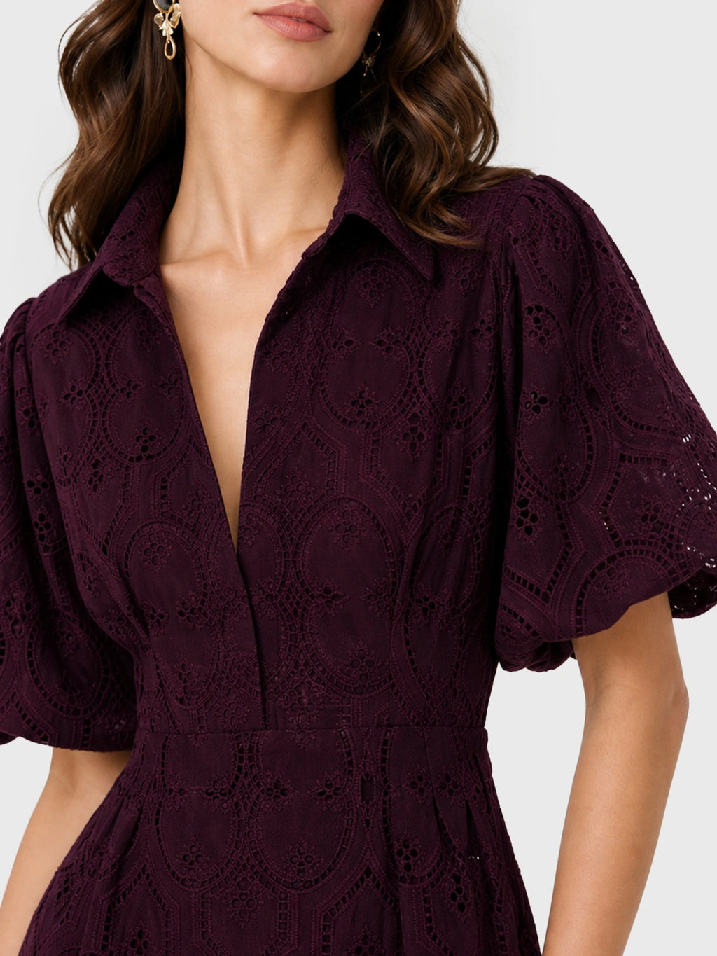 Embroidered puff sleeve long dress