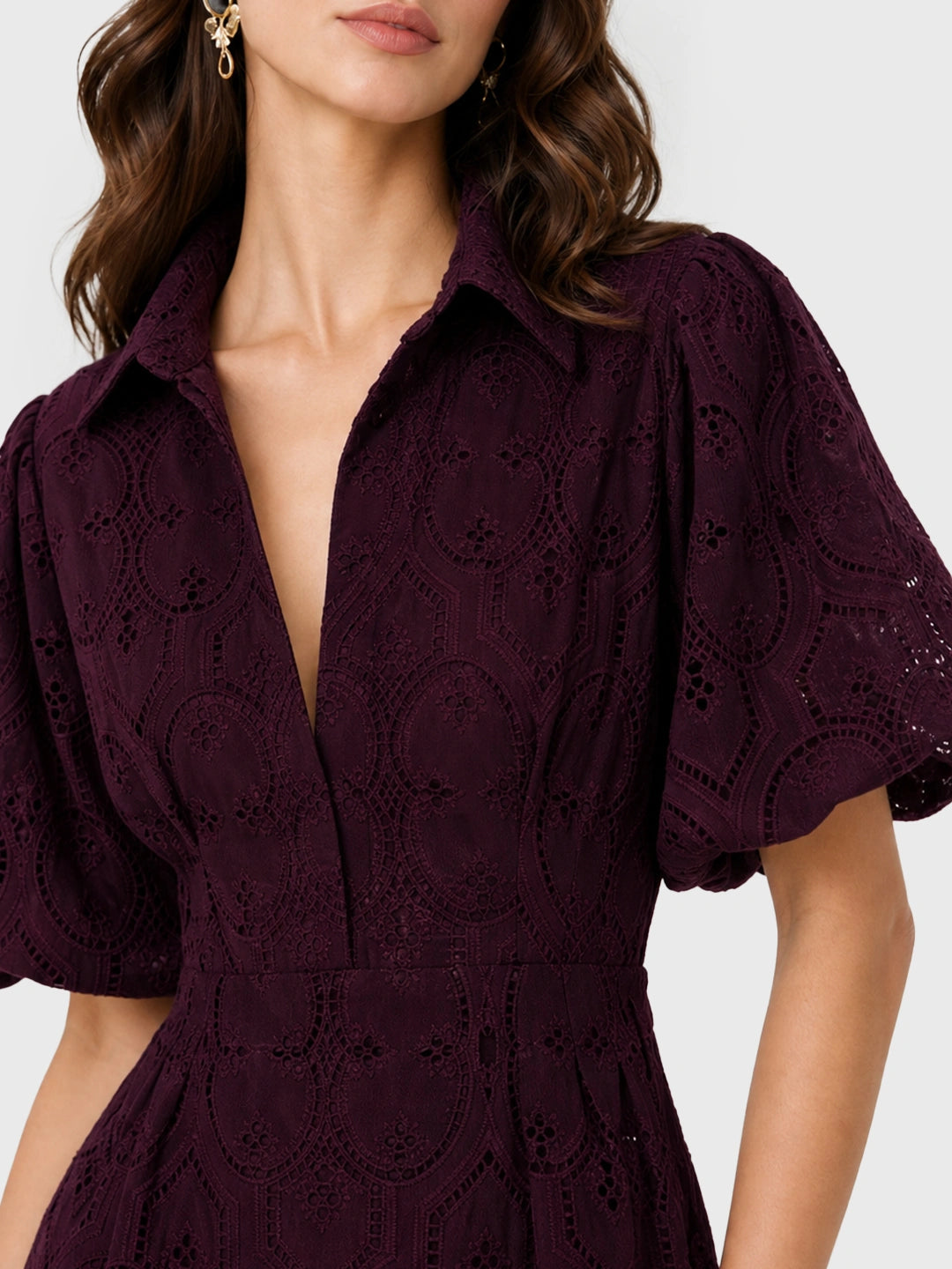 Embroidered puff sleeve long dress