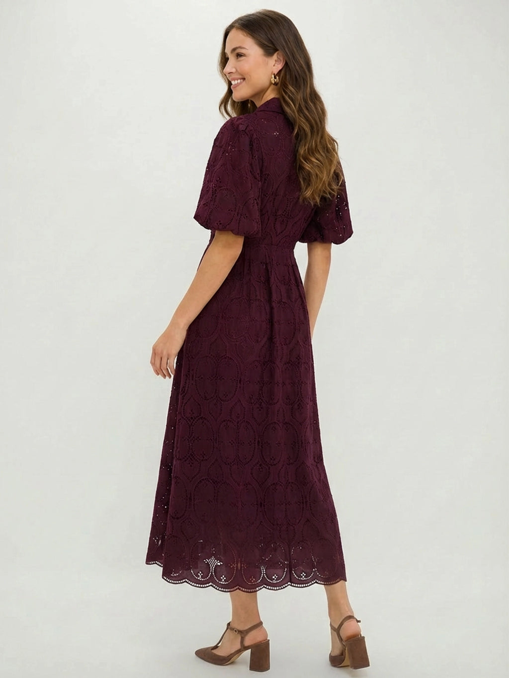 Embroidered puff sleeve long dress