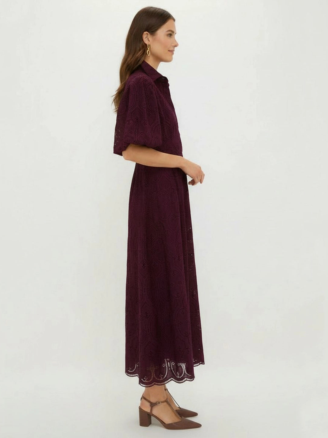 Embroidered puff sleeve long dress