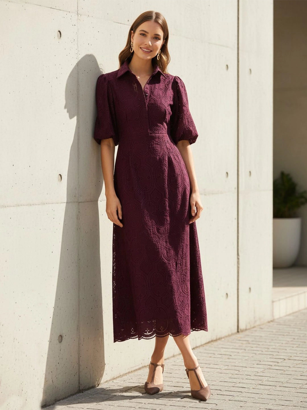 Embroidered puff sleeve long dress Main image