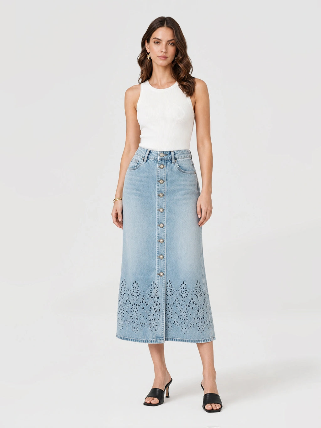Eyelet Button Front Denim Slit Skirt