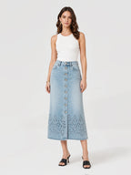 Eyelet Button Front Denim Slit Skirt
