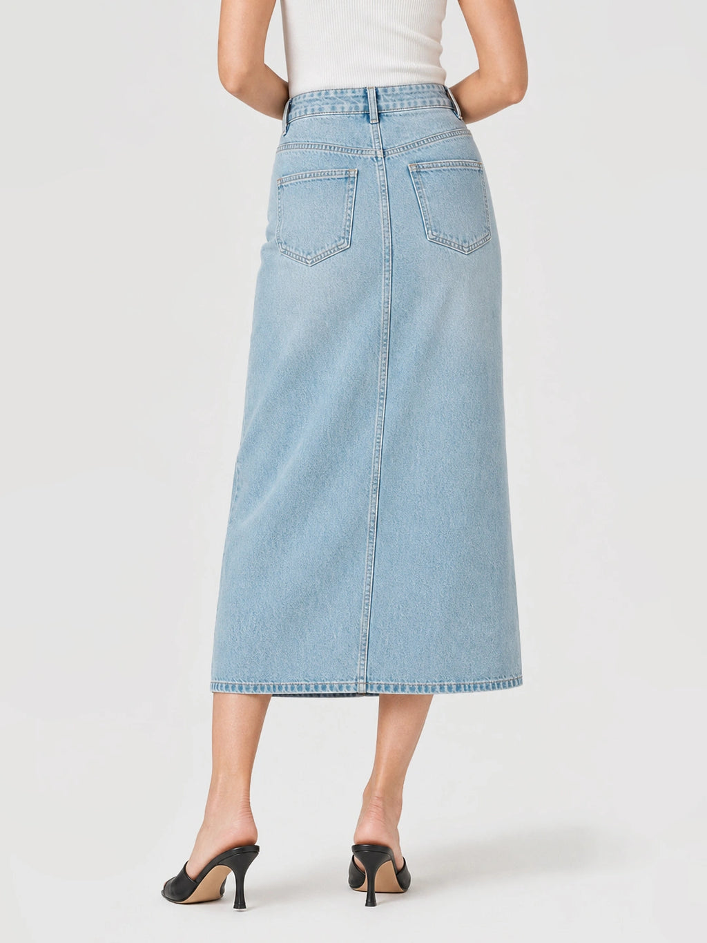Eyelet Button Front Denim Slit Skirt