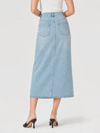 Eyelet Button Front Denim Slit Skirt