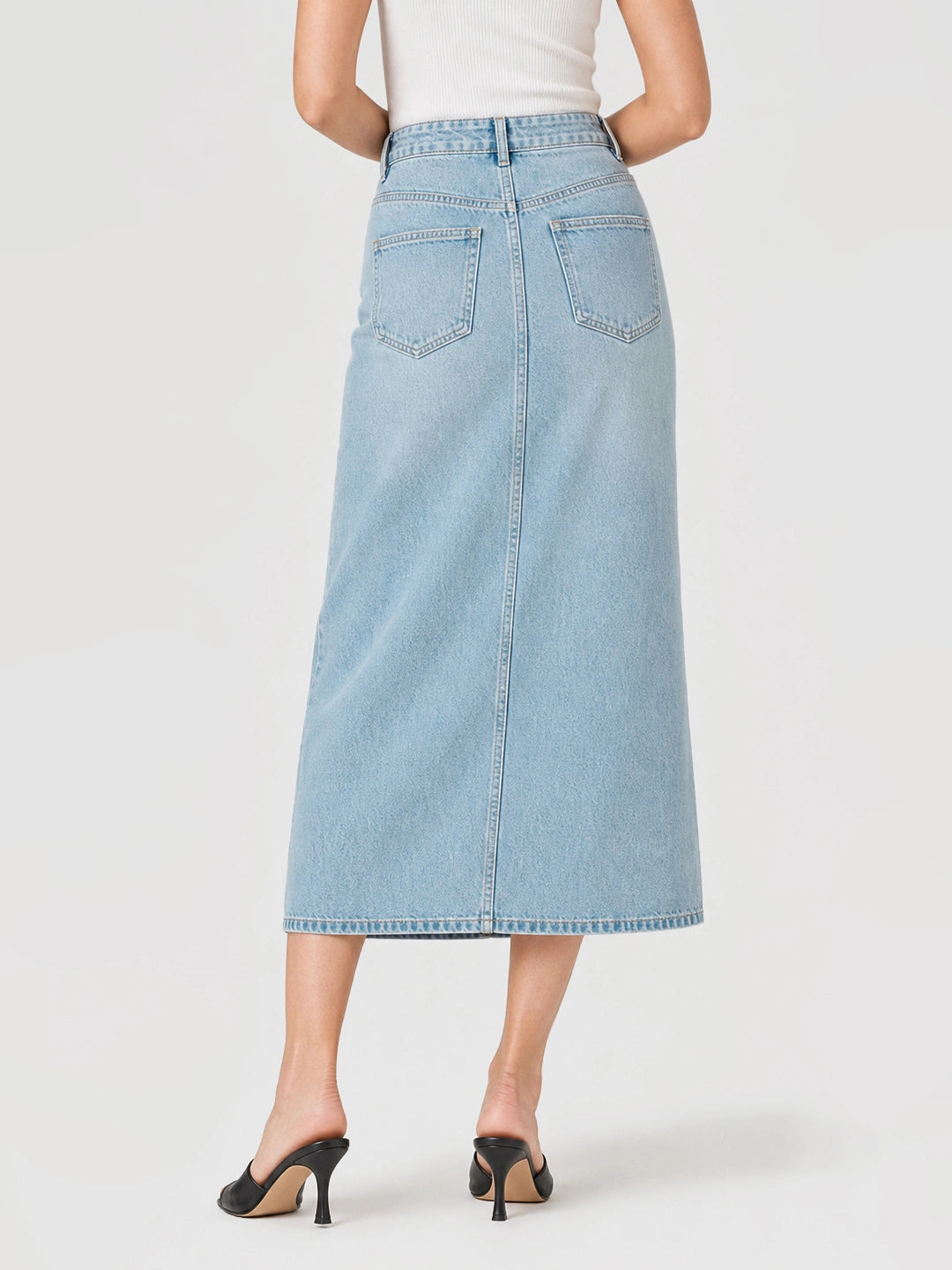 Eyelet Button Front Denim Slit Skirt