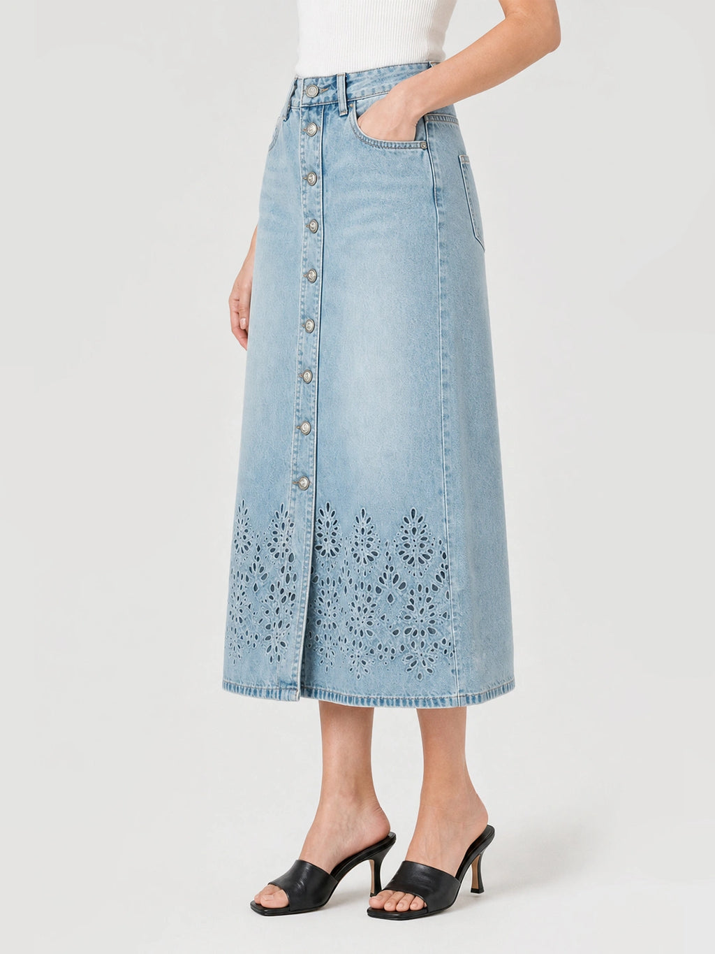Eyelet Button Front Denim Slit Skirt