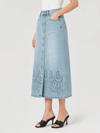 Eyelet Button Front Denim Slit Skirt