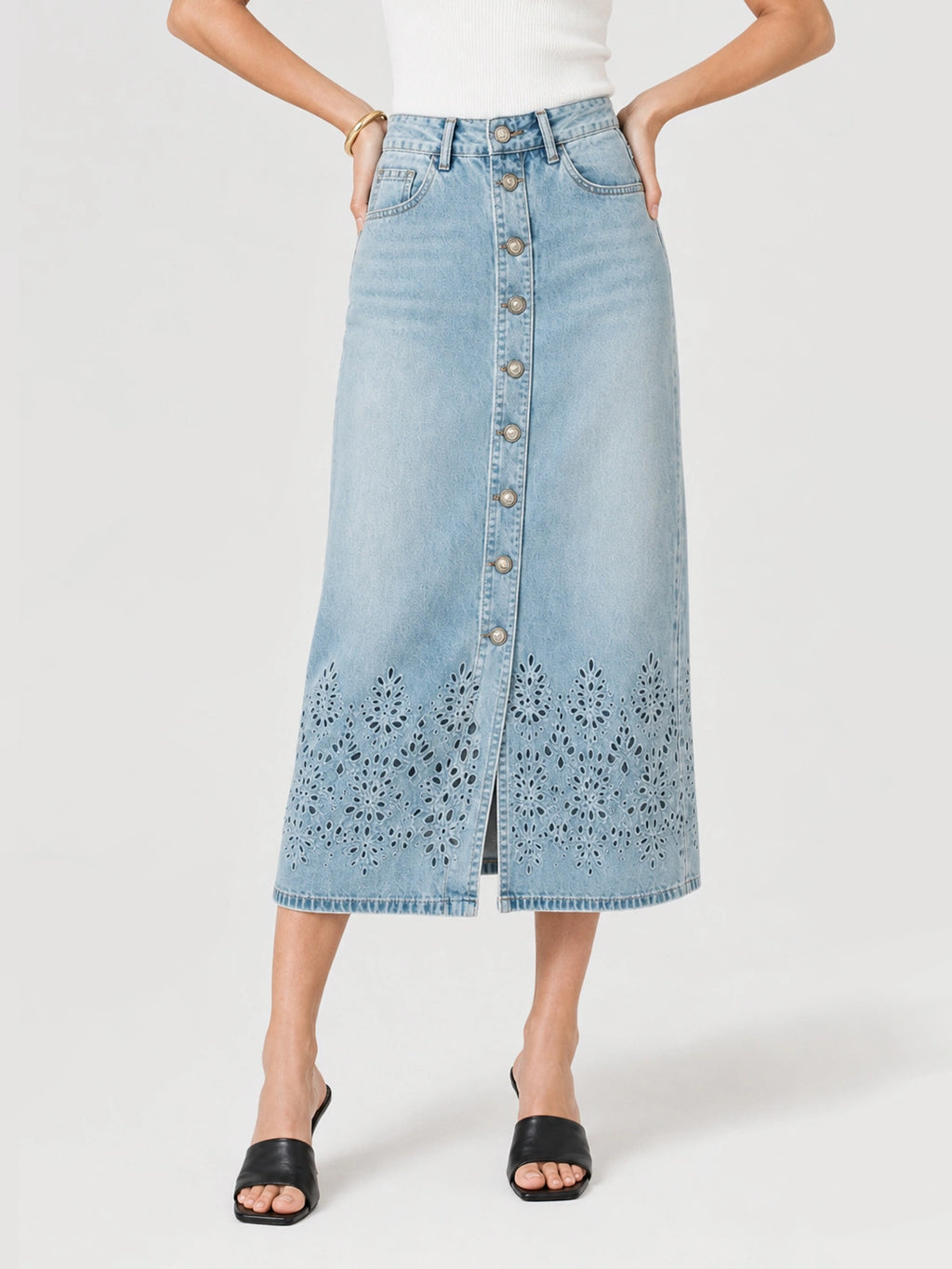 Eyelet Button Front Denim Slit Skirt