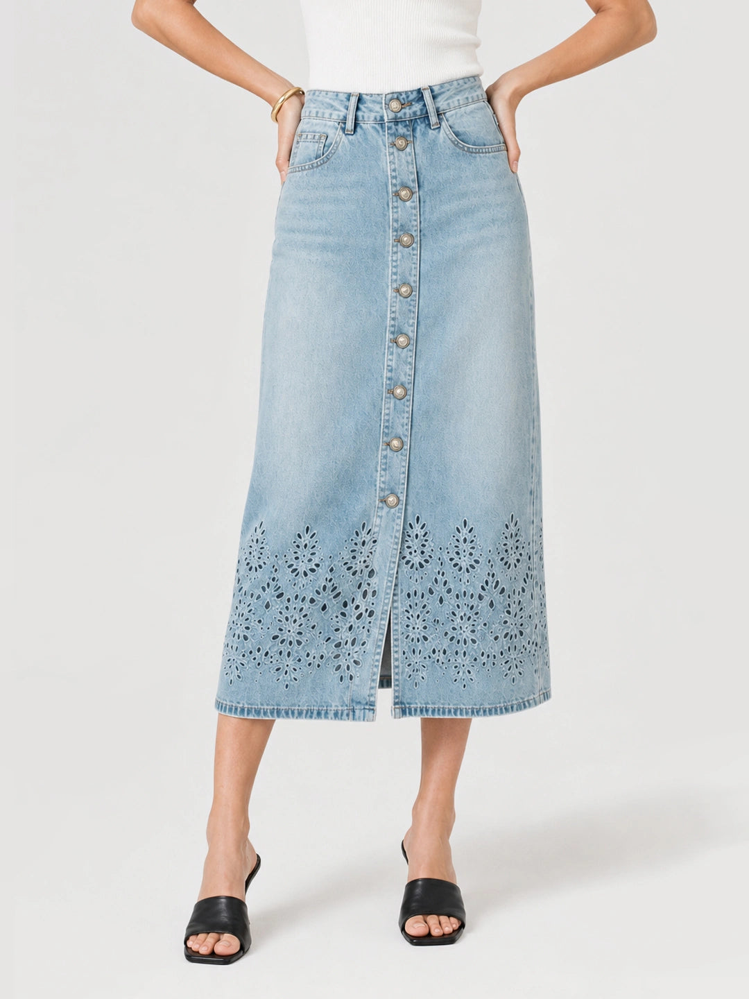 Eyelet Button Front Denim Slit Skirt Main image