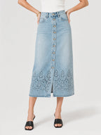 Eyelet Button Front Denim Slit Skirt