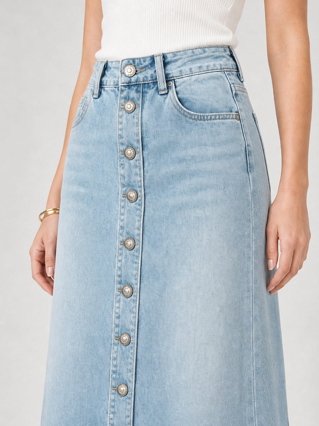 Eyelet Button Front Denim Slit Skirt