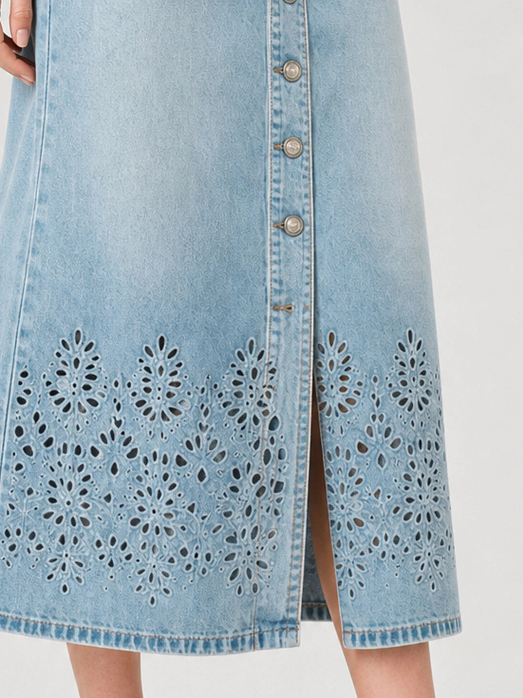 Eyelet Button Front Denim Slit Skirt Secondary image