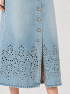 Eyelet Button Front Denim Slit Skirt