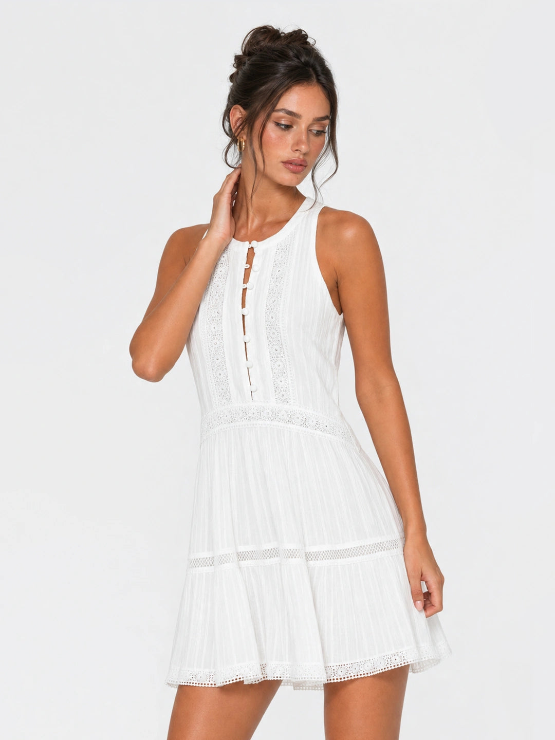 Eyelet Lace Cotton Buttoned Mini Dress