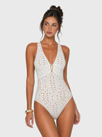 Eyelet One Piece Swimsuit with Cover Up Skirt