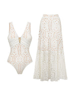 Eyelet One Piece Swimsuit with Cover Up Skirt