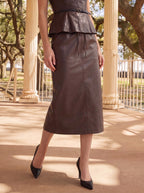Faux Leather High-Waist Pencil Midi Skirt with Back Slit