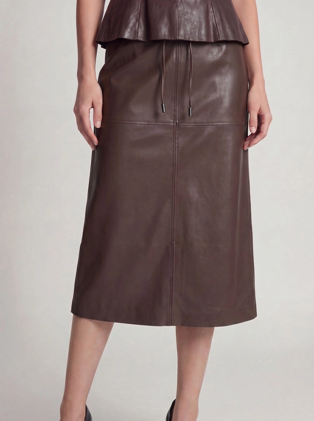Faux Leather High-Waist Pencil Midi Skirt with Back Slit