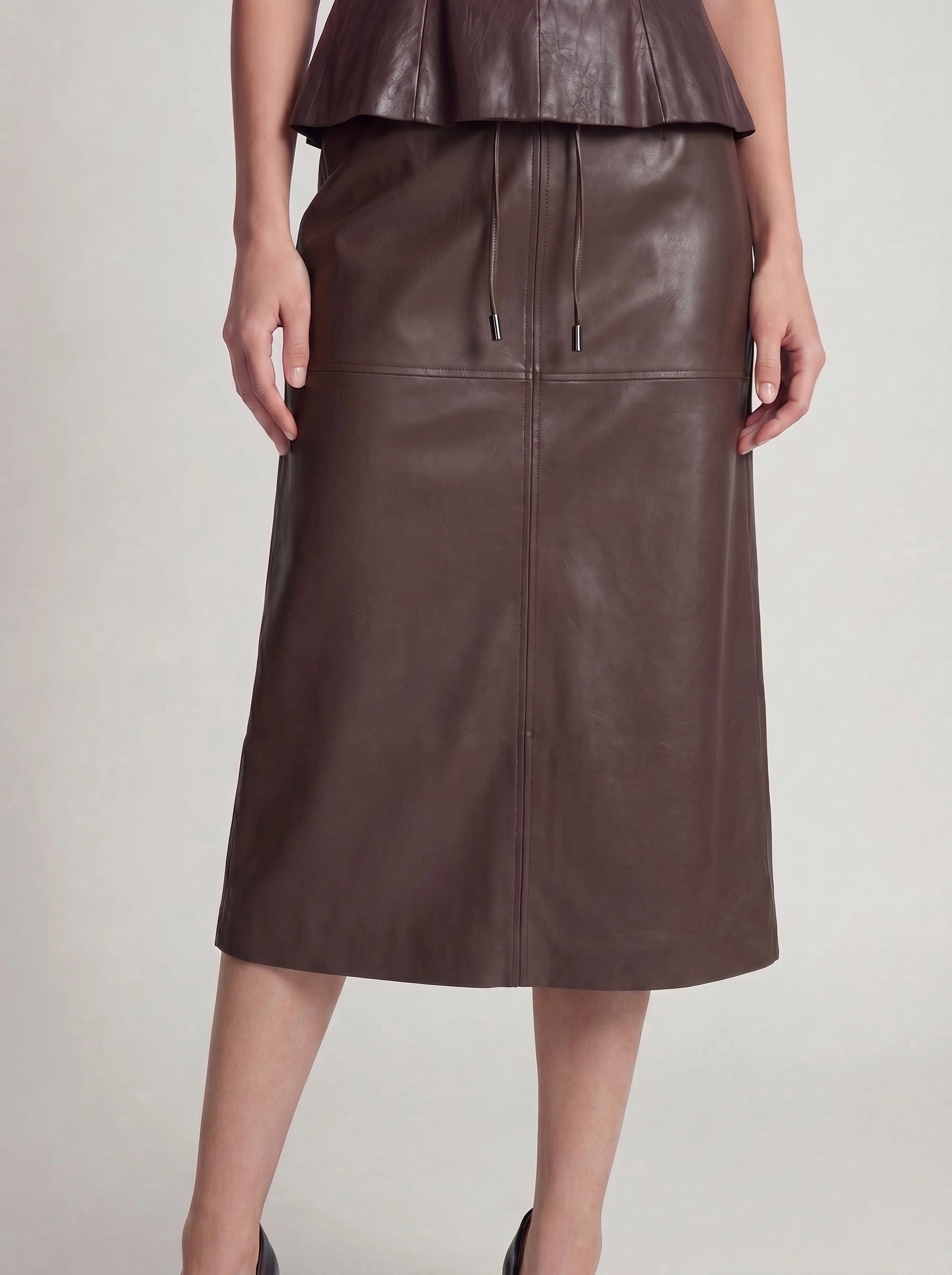 Faux Leather High-Waist Pencil Midi Skirt with Back Slit