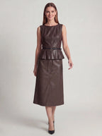 Faux Leather High-Waist Pencil Midi Skirt with Back Slit