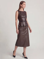 Faux Leather High-Waist Pencil Midi Skirt with Back Slit