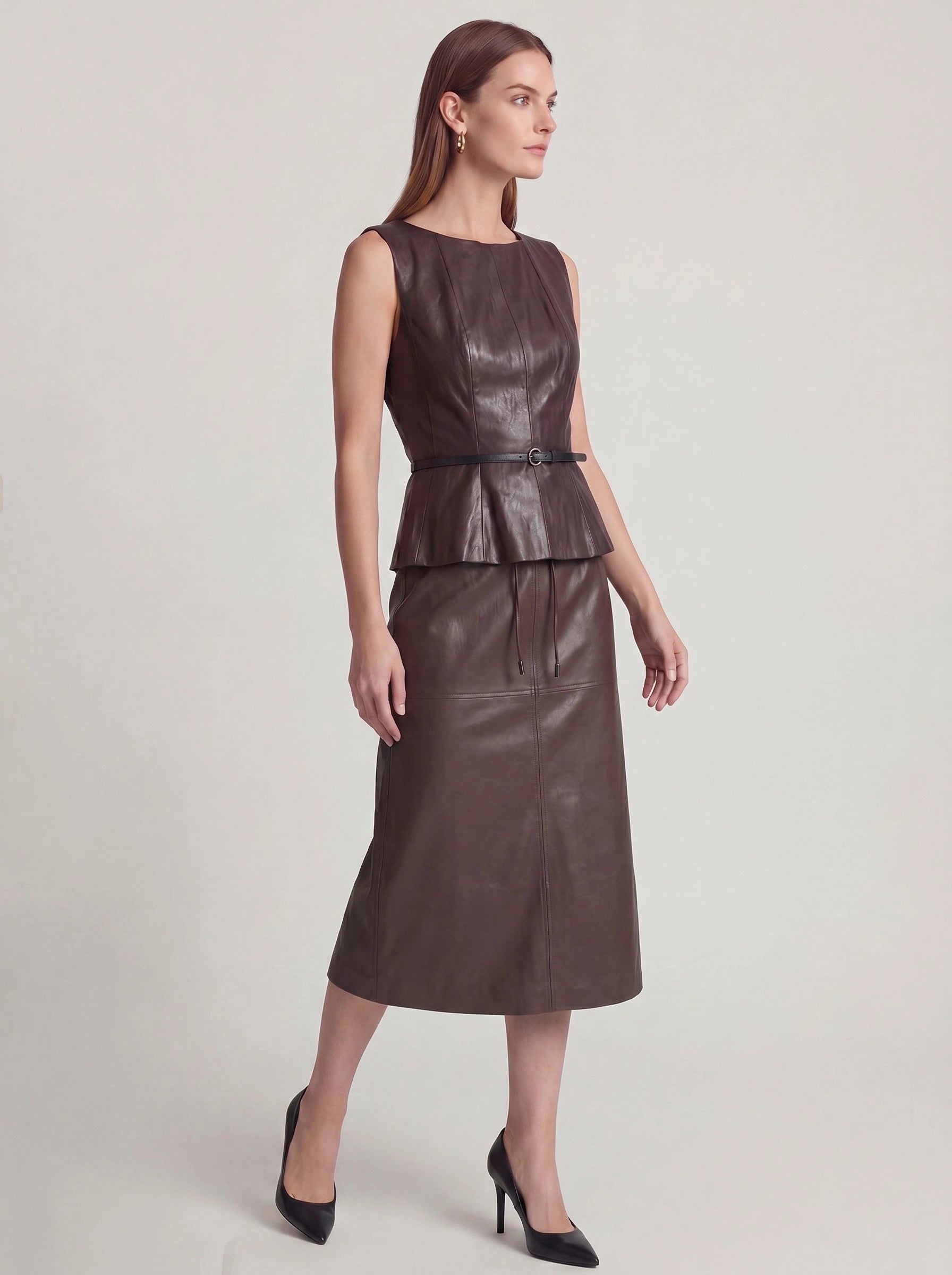 Faux Leather High-Waist Pencil Midi Skirt with Back Slit