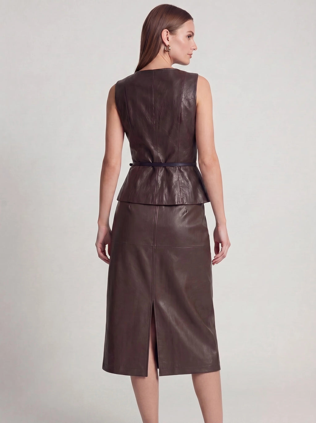 Faux Leather High-Waist Pencil Midi Skirt with Back Slit