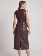 Faux Leather High-Waist Pencil Midi Skirt with Back Slit