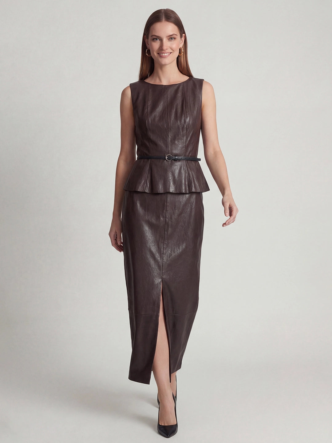 Faux Leather High-Waist Pencil Midi Skirt with Front Slit