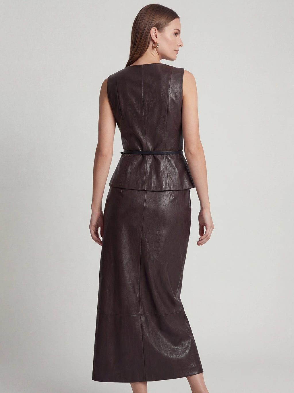 Faux Leather High-Waist Pencil Midi Skirt with Front Slit
