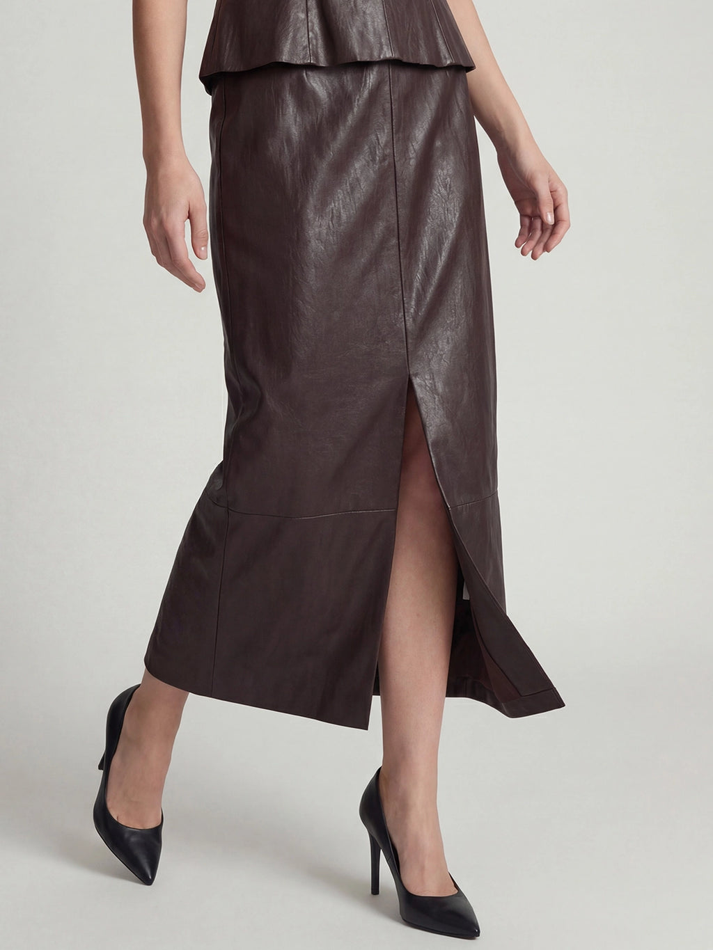 Faux Leather High-Waist Pencil Midi Skirt with Front Slit