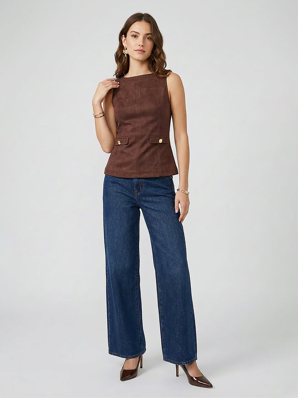 High Neck Sleeveless Flared Top with Faux Pockets