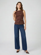 High Neck Sleeveless Flared Top with Faux Pockets