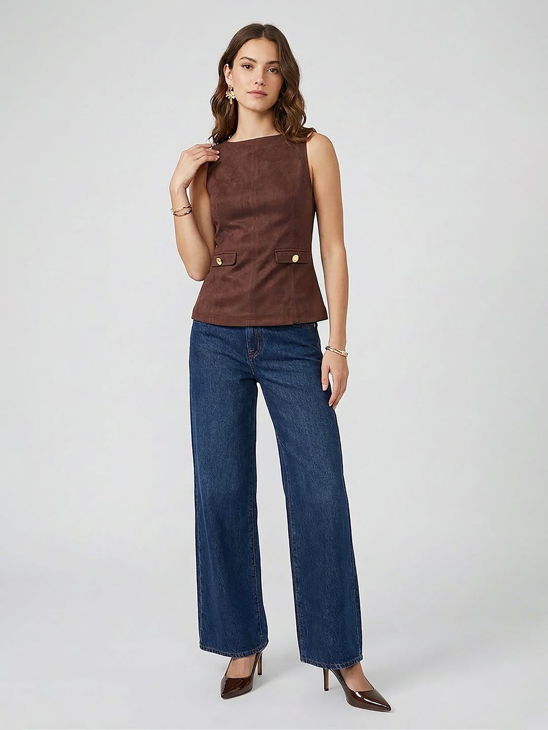 High Neck Sleeveless Flared Top with Faux Pockets