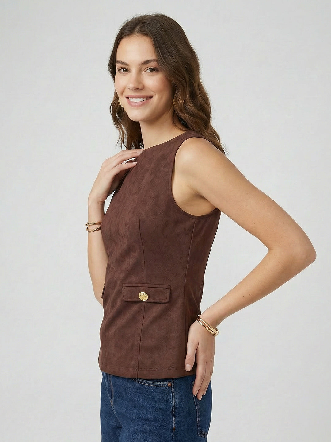 High Neck Sleeveless Flared Top with Faux Pockets