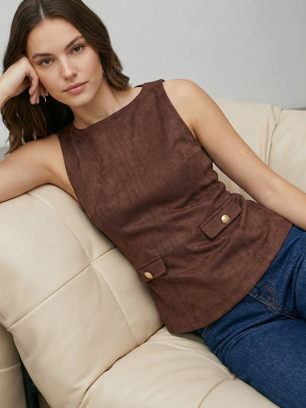 High Neck Sleeveless Flared Top with Faux Pockets