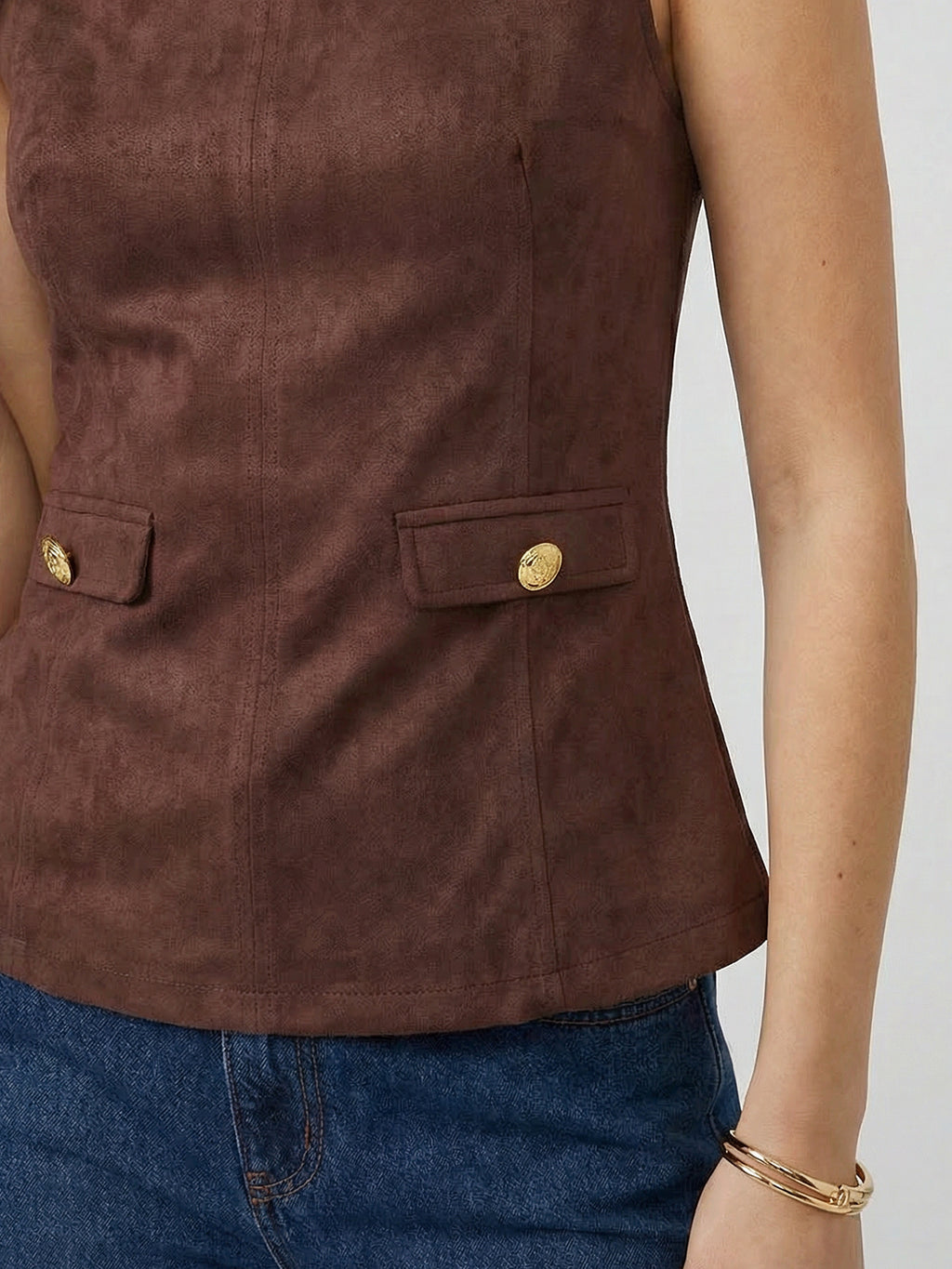 High Neck Sleeveless Flared Top with Faux Pockets