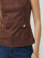 High Neck Sleeveless Flared Top with Faux Pockets