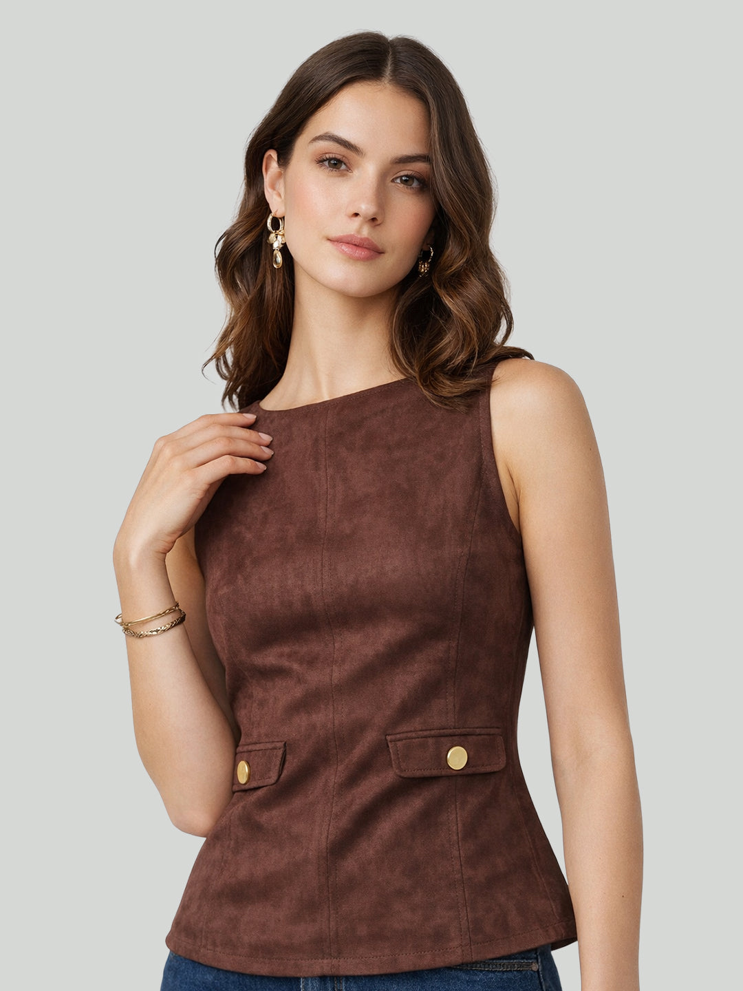 High Neck Sleeveless Flared Top with Faux Pockets Main image