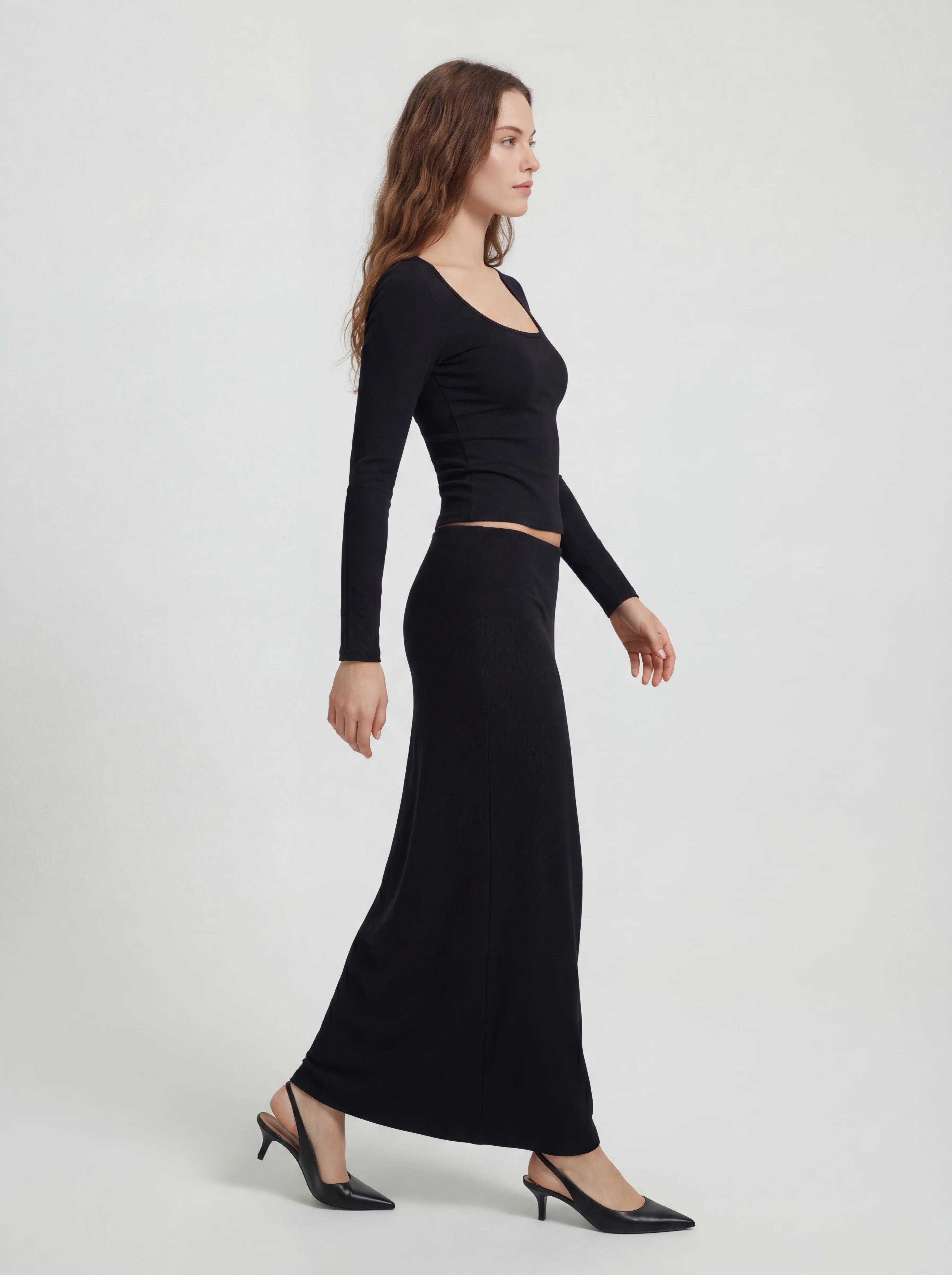 Fitted Ribbed Cotton Maxi Skirt