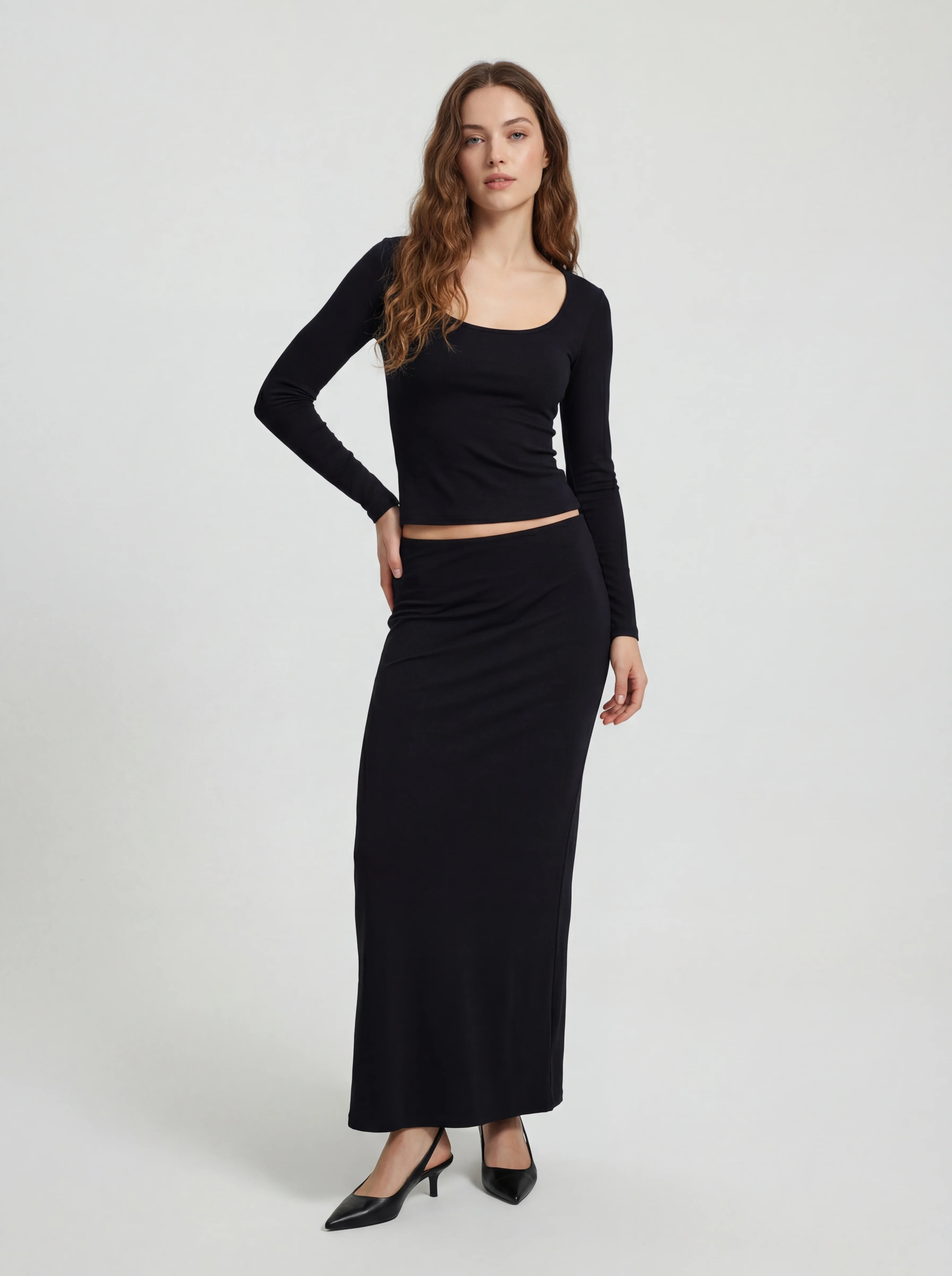Fitted Ribbed Cotton Maxi Skirt