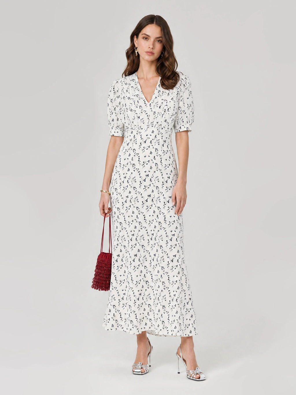 Floral V Neck Puff Sleeve Mermaid Maxi Dress