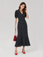Floral V Neck Puff Sleeve Mermaid Maxi Dress