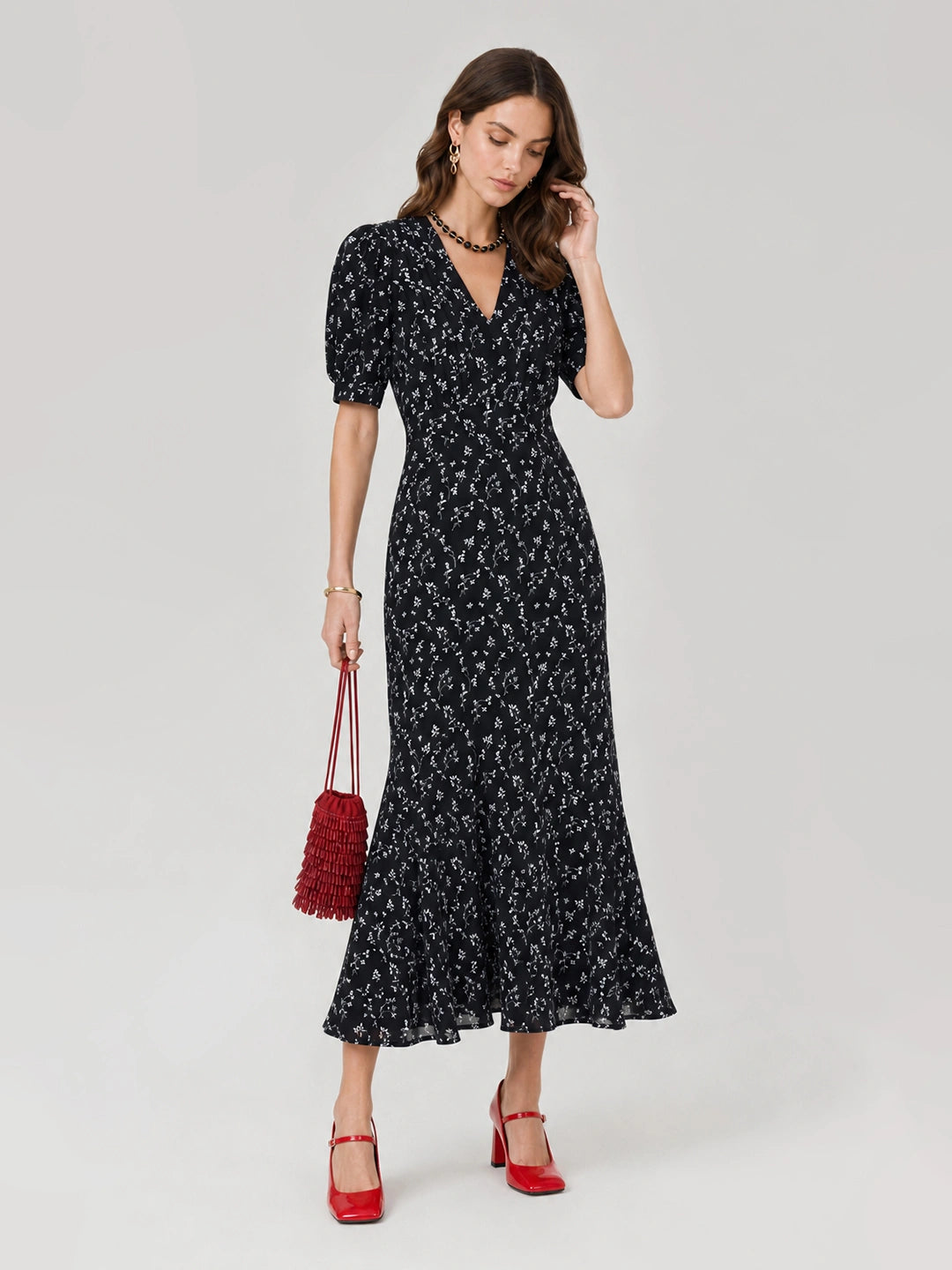 Floral V Neck Puff Sleeve Mermaid Maxi Dress