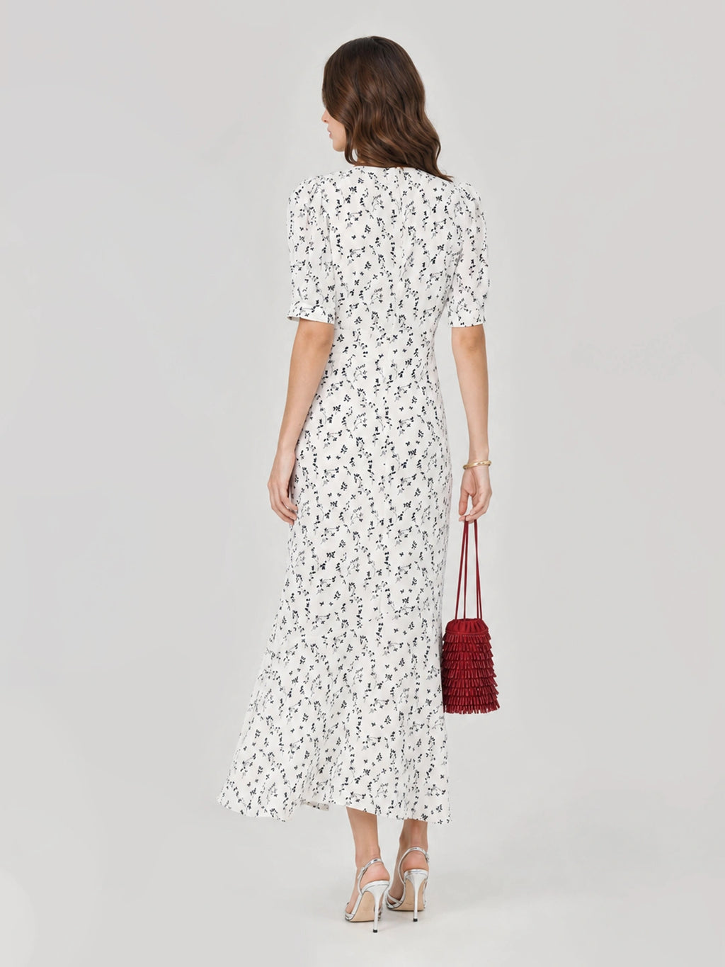 Floral V Neck Puff Sleeve Mermaid Maxi Dress