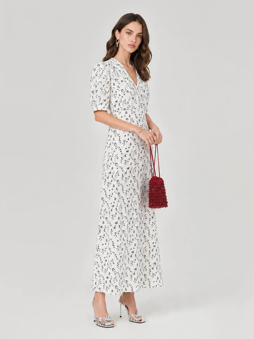 Floral V Neck Puff Sleeve Mermaid Maxi Dress