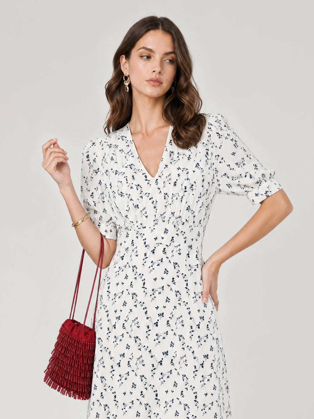 Floral V Neck Puff Sleeve Mermaid Maxi Dress