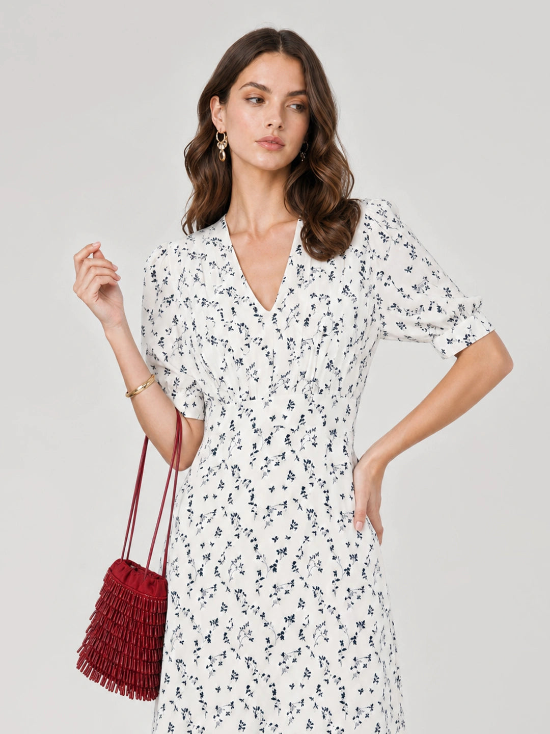 Floral V Neck Puff Sleeve Mermaid Maxi Dress
